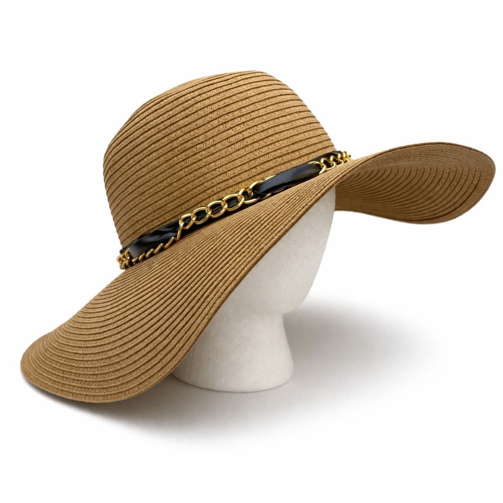 Lake Shore Drive Womens Wide Brim Natural‎ Straw Hat One Size Scarf Chain Band
